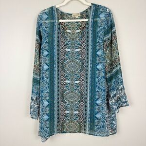 One World Top Womens Medium Paisley Scoop Neck Blue Green Aztec 3/4 Sleeve Boho